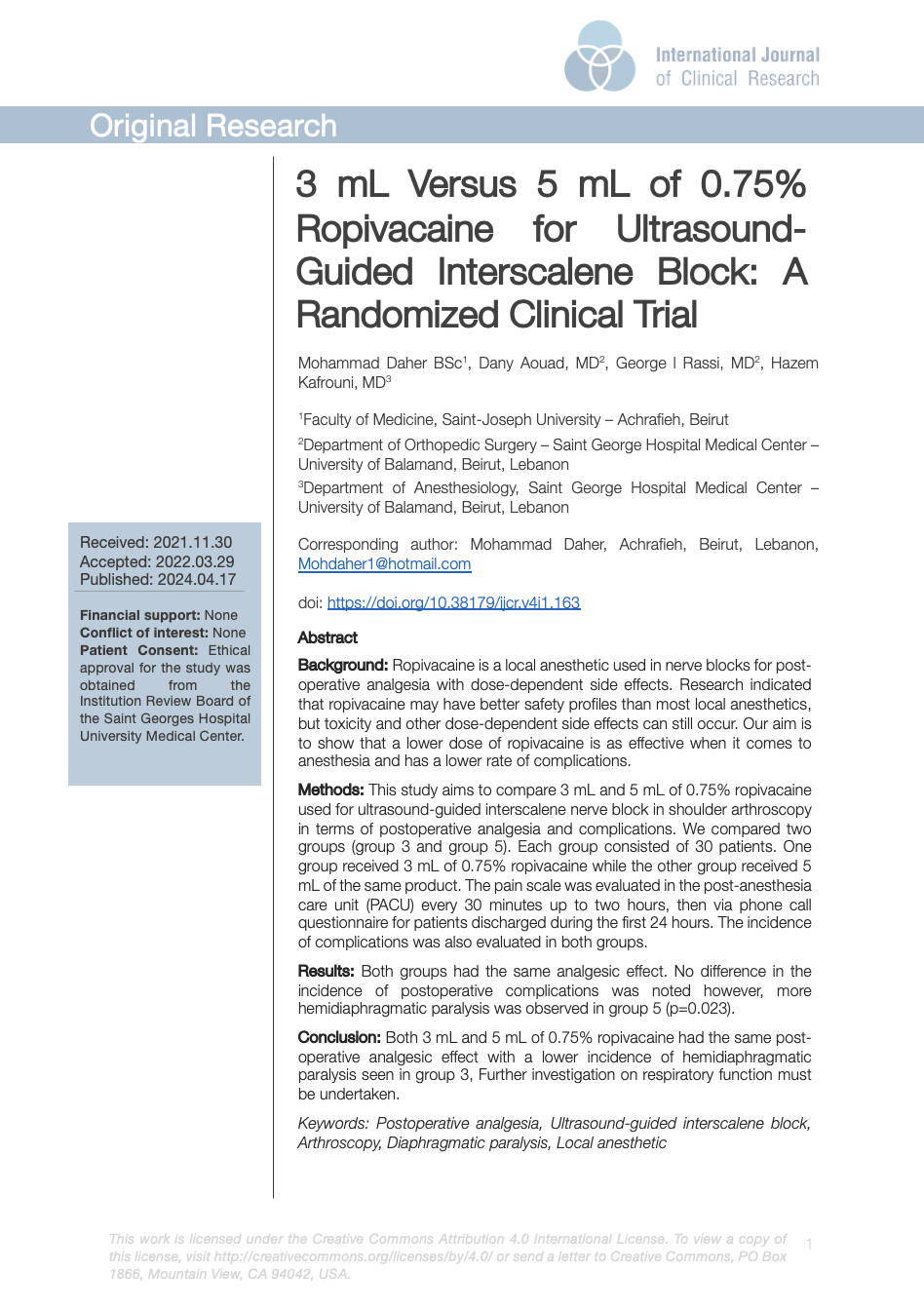 3 mL Versus 5 mL of 0.75% Ropivacaine for Ultrasound-Guided Interscalene Block: A Randomized Clinical Trial