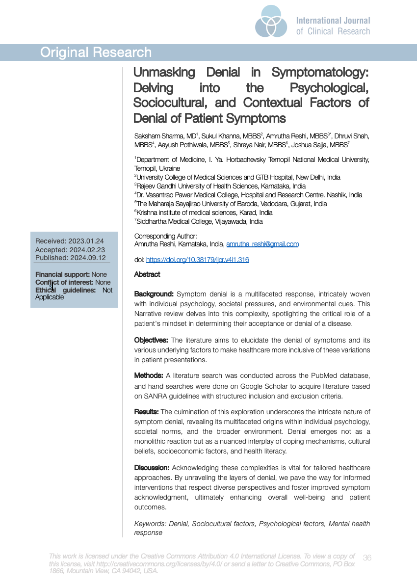 Unmasking Denial in Symptomatology: Delving into the Psychological, Sociocultural, and Contextual Factors of Denial of Patient Symptoms